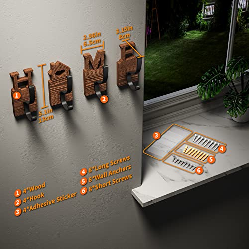 Swtymiki Wood Hooks For Hanging With Home, 4 Pack Coat Hooks For Wall, Natural Wood Wall Hooks With 2 Install Ways To Hanging Coat, Towel, Hat, Keys, Purse, Bag And Clothes, Brown #TOP6