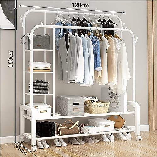 Image of LEOPAX Heavy Duty Metal Double Rod Clothe Rail, 5-Tier Coat Garment Rack with 4 Side Hooks, Multipurpose Cloth Stand for Bedroom, Livingroom, Hallway - (White, 120 x 45 x 160cm)