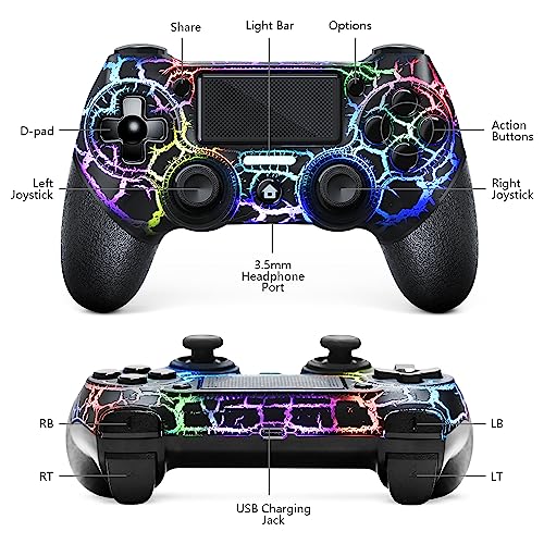 AceGamer Wireless Controller for PS4 Game Compatible with PS4/Pro/PC with Motion Motors and Audio Function,Mini LED Indicator,USB Cable and Anti-Slip (Black Crack)