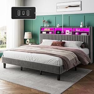 King Size Bed Frame, Velvet Bed Frame with Charging Station and LED Lights, Vertical Channel Tufted Headboard with Storage Shelves, Wooden Slats, Noise Free, Grey