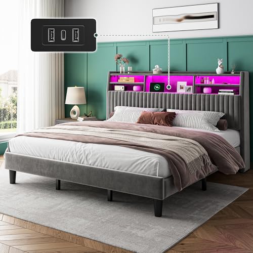 King Size Bed Frame, Velvet Bed Frame with Charging Station and LED Lights, Vertical Channel Tufted Headboard with Storage Shelves, Wooden Slats, Noise Free, Grey
