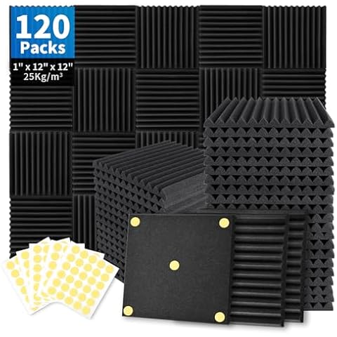 Focusound 120 Pack Acoustic Foam Panels 1" x 12" x 12" Sound Proof Foam Panels Soundproofing Noise Cancelling Wedge Panels for Home Office Recoding Studio with 600 PCS Double-Side Adhesive Cover