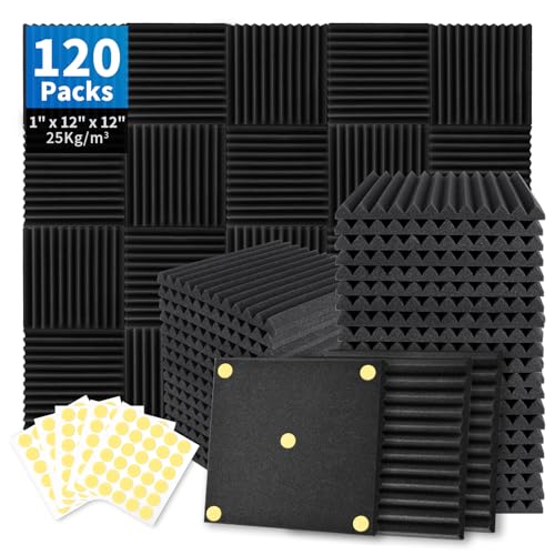 Image of Focusound 120 Pack Acoustic Foam Panels 1 inch x 12 inch x 12 inch Sound Proof Foam Panels Soundproofing Noise Cancelling Wedge Panels for Home Office Recoding Studio with 600 PCS Double-Side Adhesive
