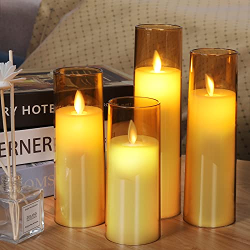 Comenzar Golden Flickering Candles With Acrylic Glass, Battery Operated Led Flameless Candles With Timer, Decorative Realistic Moving Flame Glass Pillar Flameless Candles With Remote Control,Set Of 5 #TOP5