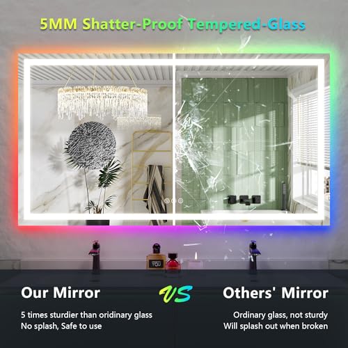 Image of 60x38 Inch RGB LED Bathroom Mirror Front Light and RGB Backlit Lighted Vanity Mirror for Bathroom Wall Mounted Dimmable Anti Fog Memory Shatter-Proof IP54 Waterproof Horizontal /Vertical