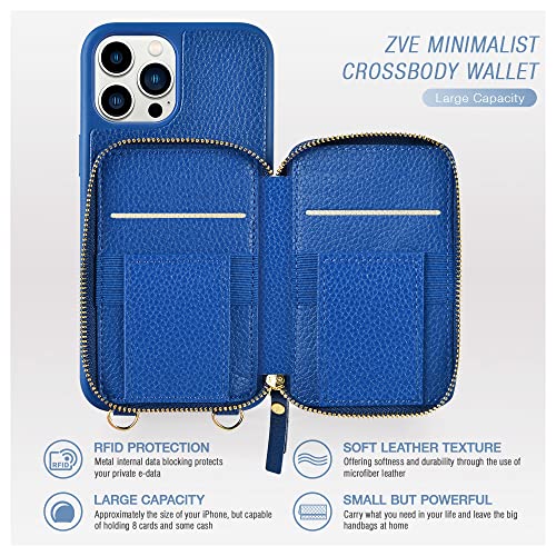 Zve Iphone 13 Pro Max Wallet Case, Zipper Leather Phone Case Crossbody With Rfid Blocking Card Slots Adjustable Rivet Wide Strap Purse Present Cover For Iphone 13 Pro Max, 6.7 Inch, 2021- Navy Blue #TOP1