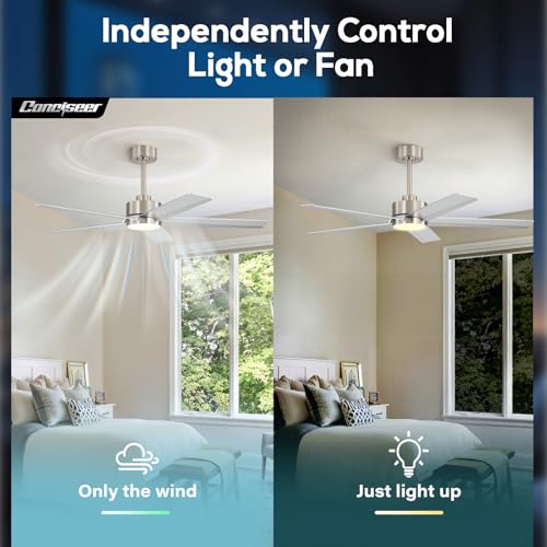 Image of Conciseer 52 Inch Ceiling Fans with Lights and Remote for Bedroom Living Room Kitchen Office, Indoor /Outdoor Use, 3CCT Dimmable, 5 Blades 6 Speed Reversible Quiet DC Motor, Sand-nickel /Silver