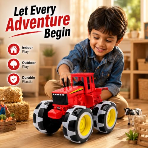 Image of Kids Tractor Toy with Monster Wheels | Friction Powered Farm Vehicle for for Toddlers Boys Girls | Safe ABS Plastic Construction | Educational Gift for Boys & Girls 3+ Years | Red