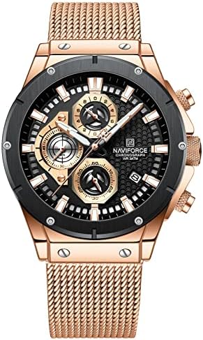 NAVIFORCE Fashion Stainless Steel Mesh Band Chronograph Quartz Watch for Men Auto Date Sport Waterproof Analog Wrist Watches