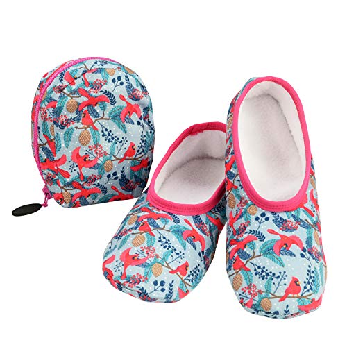 Image of Snoozies Skinnies Packable and Foldable Travel Slippers for Women with Zipper Pouch, Soft Sherpa-Lined Slipper Socks Non-Skid
