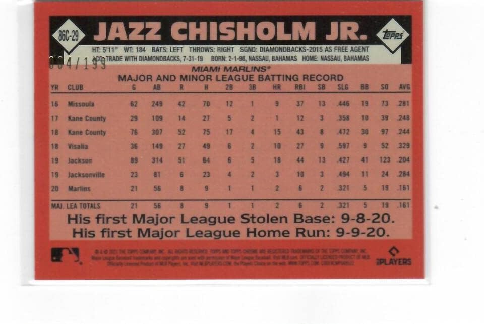 2021 Topps Update Chrome Silver Packs Mojo Black #86C-29 Jazz Chisholm Jr. RC - Rookie Card /199 Miami Marlins Baseball NM-MT