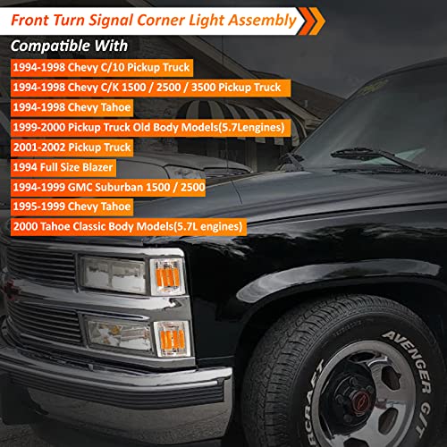 Bestview Front Turn Signal Corner Light Assembly, Upper Lower Side Marker Reflector Lamp, Chrome Housing Clear Lens Compatible With Chevy C/K 10 Pickup Truck 1500 2500 3500 1994-1998 Tahoe 1995-1999 #TOP1