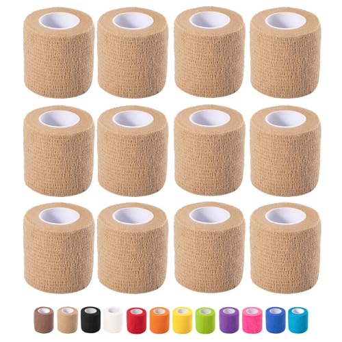 Image of 12 Pack Self Adhesive Bandage Wrap, 5cm x 4.5m Non-Woven Self Adherent Cohesive Bandage, Vet Wrap Wound Tape for Thumb Finger Wrist Knee Ankle, Skin