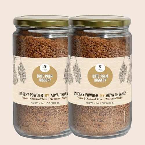 Adya Organics Date Palm Jaggery Powder (Khejur Gur) | Low GI Natural Sweetener | Healthy Sugar & Jaggery Substitute | Immunity Support | Winter Wellness & Congestion Relief | 800g (400g x 2)