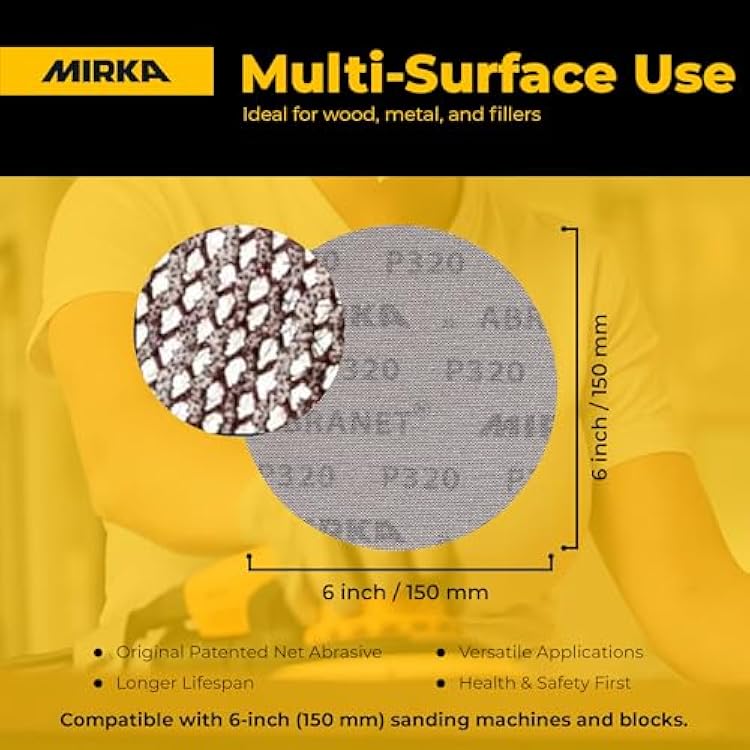 Mirka Abranet 6-Inch Sanding Discs - Hook and Loop Mesh Orbital Sander Pads, Dust-Free Sanding, Long-Lasting and Non-Clogging, Ideal for Wood, Metal, Automotive Finishes, and More, 50pcs, Grit 80