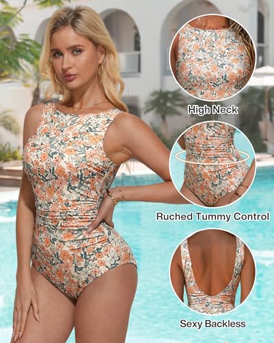 SUUKSESS Women Sexy One Piece Tummy Control Swimsuit Ruched High Neck Slimming Swimwear 2025 Low Back Bathing Suit(097US Yellow Floral,Medium) - Thumbnail 4