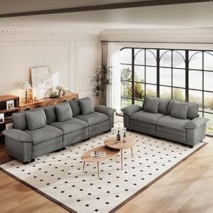 PHI VILLA 2 Pieces Modular Sofa and Loveseat Set, Corduroy 5-Seater Oversized Couch Sets with Deep Seat, Sectional Couches for Living Room, Grey