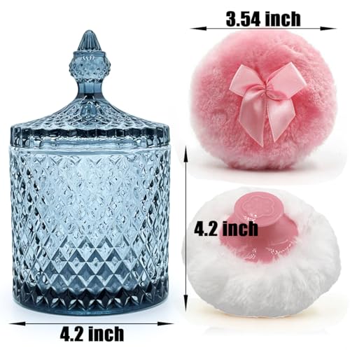 Luxury 4.2 Inch Glass Powder Container with 2 Plush Puffs|Non-Sealed Organizer for Body Powder&Makeup|Setting Loose Powder Applicator with Storage(Pointed Cylinder-Gray Blue-Large