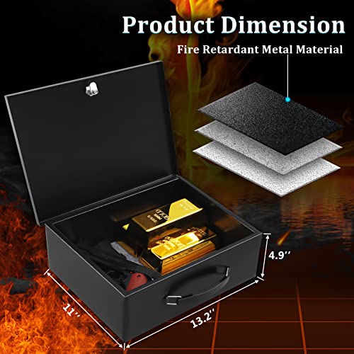 Dalmbox Portable Metal Safe Box with Key Lock - Fire Resistant Storage for Documents, Car, Home and Outside - X Large 13.2\"x 11\"x 5.1\" Black Box