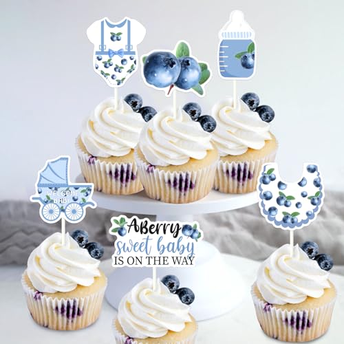 Jollyboom Berry Baby Shower Decorations Girl, 24pcs A Berry Sweet Baby Is on The Way Cupcake Topper Blueberry Double-Sided Printing Cake Decoration for Fruit Theme Baby Shower Gender Reveal Decoration by Jollyboom - Used condition - Image 2