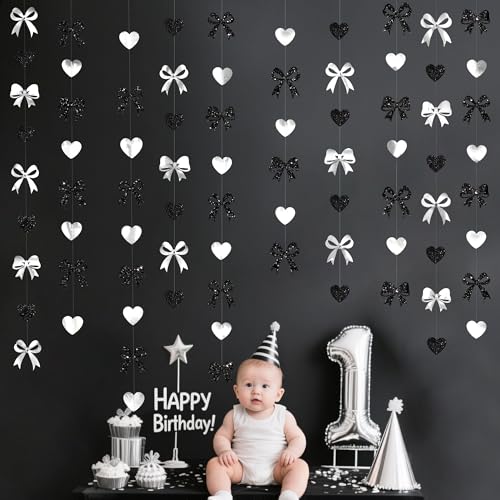 Image of Bow Decorations Siver Black Metallic Glitter Paper Bow Heart Hanging Garland Streamer for Coquette Birthday Valentines Bachelorette Wedding Bridal Shower Anniversary Hen Party Decorations Supplies