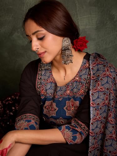 Image of INDO ERA Women's Straight Pure Cotton Floral Self Design Kurta & Pant With Dupatta Set | Kurta Sets For Woman