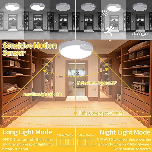 Rechargeable Motion Sensor Light with Remote Wireless Ceiling Light Battery Operated Closet Lights Battery Powered Ceiling Light Timing Dimmable 7.8in for Closets Shower Stair Pantry Hallway Porch - Thumbnail 3