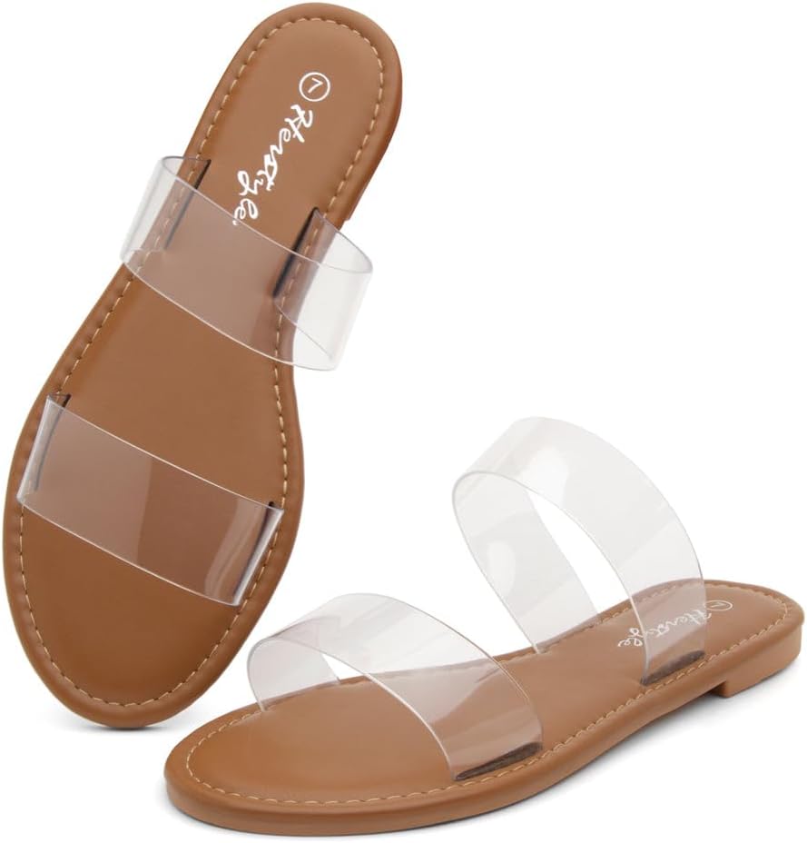 Herstyle Flat Sandals for Women, Double Strap Slide Sandals, Open Toe Slip On, Comfortable Cushioned Footbed Casual Summer Shoes for Daily Wear, Beach, Vacation, Clear Options