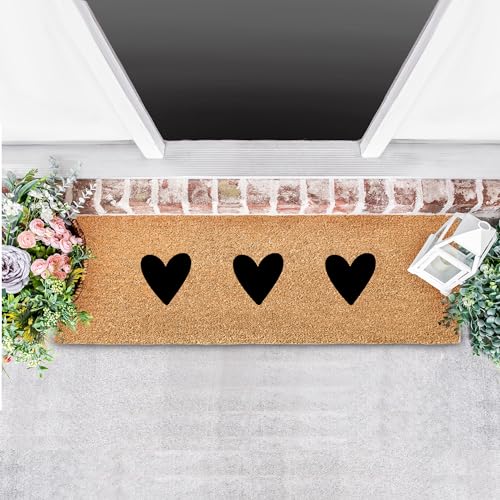 ElbFuchs® Coconut Doormat 75 x 25 cm with Hearts [Extra Durable and Non-Slip] | Coconut Mat for Outdoor and Indoor Use | Doormat for Front Door