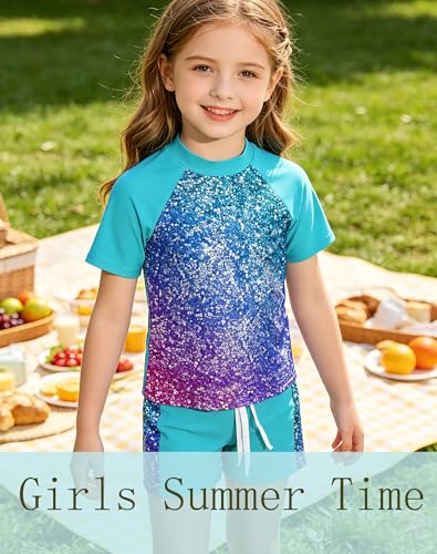 Image of Lovekider Girls Swimsuits Two Piece Rash Guard Set Short Sleeve Bathing Suit Liner Swimwear with Sun Protection 3-12T