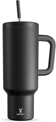 Miniatura 16 de Meoky - Vaso de 40 oz con asa, tapa a prueba de fugas y pajilla, taza de café y viaje térmica de acero inoxidable, mantiene el frío durante 34 horas