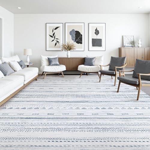 10x14 Area Rugs for Living Room Machine Washable Rug Distressed Indoor Carpet Neutral Moroccan Boho Rug Ultra Soft Area Rug for Bedroom Dining Room Playroom Office, Blue
