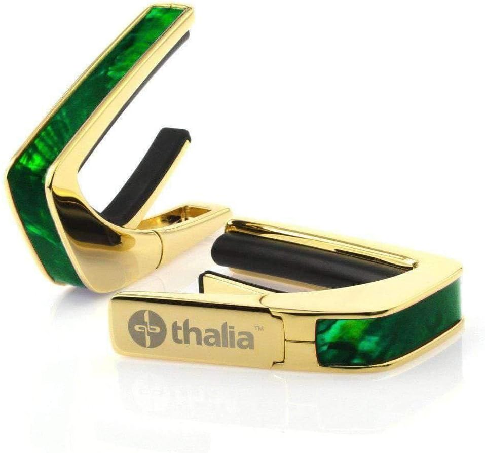 Thalia 24k Gold Finish Capo with Green Angel Wing Inlay – Premium Guitar Capo with Universal Fretpads for Acoustic, Electric, 6 & 12-String, Classical & Ukulele – Smooth Tuning & Elegant Design