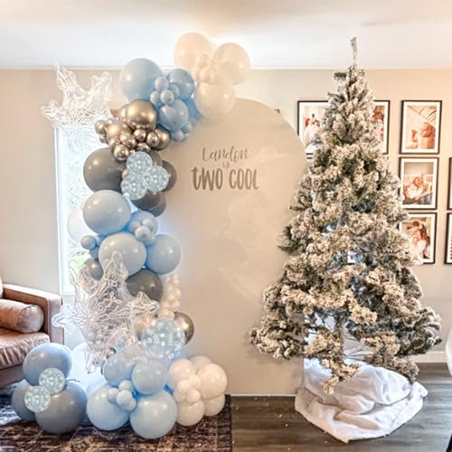 Image of Blue Winter Wonderland Balloons, 60 PCS 12 Inch Dusty Light Baby Blue White and Silver Balloon Snowflake Balloons for Boy Baby Shower Winter Christmas Holiday Birthday Party Decorations