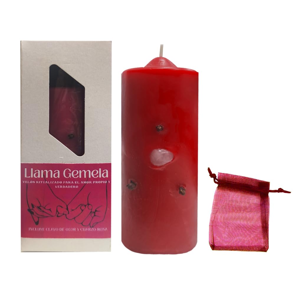 Velón Ritualizado Llama Gemela – Amor Propio y Amor Verdadero | Con Cuarzo Rosa y Clavo de Olor Incluidos | Velón Esotérico Rojo para Rituales de Atracción y Autoestima