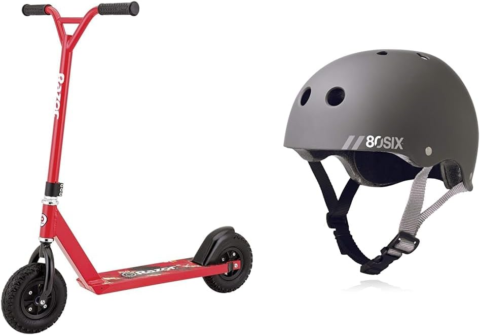Razor Pro RDS Dirt Scooter for Kids Ages 10+ Bundle with 80Six Dual Certified Helmet for Ages 8+, Grey Matte