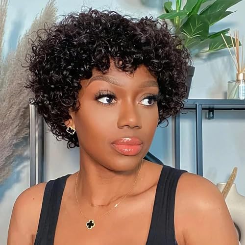 Msviki Short Curly Human Hair Wig Pixie Cut Mullet Full