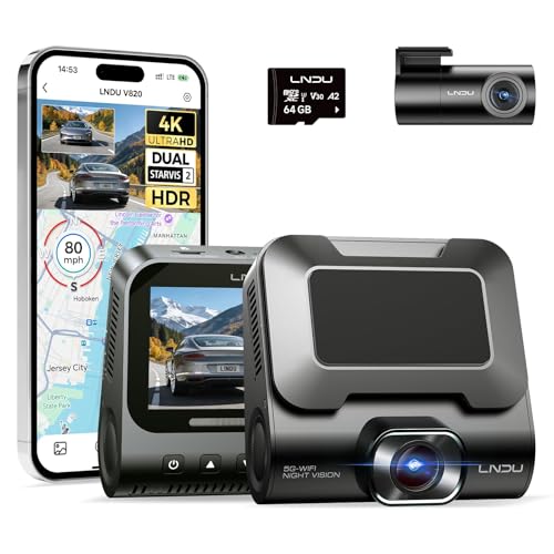 LNDU V820 4K �f���A���_�b�V���J�� �t�����g&���A DualI MX678 + IMX662 STARVIS 2�Z���T�[ HDR 5GHz WiFi GPS 24���Ԓ��� �����R���g���[�� �X�[�p�[�L���p�V�^ 64GB �J�[�h