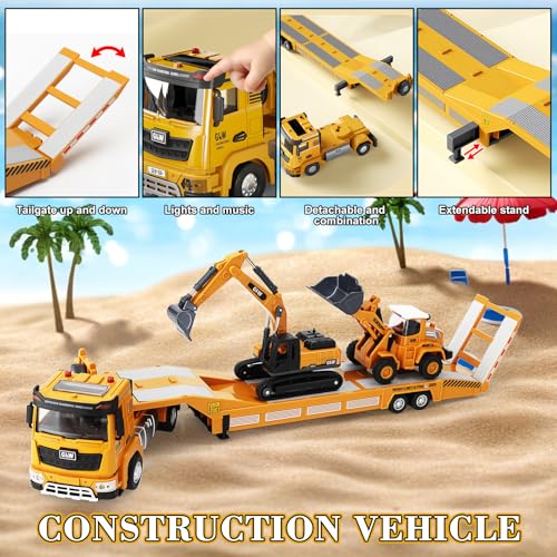 Miniatura 4 de Ucamp Camion Transportador Coche De Juguete Con Luces Y Sonidos Para Niños 3 4 5 6 7 Años, 1:40 Juguete Vehículos De Construcción Con Excavadora Bulldozer, Juguetes Regalo De Cumpleaños Navidad