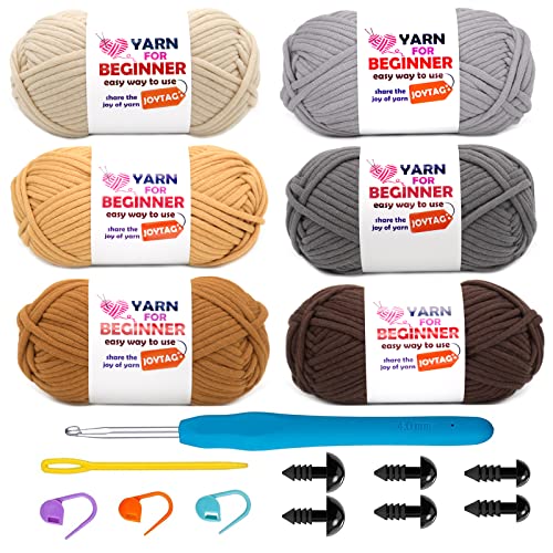 Joytag 6 Pack Beginners Crochet Yarn Beige Khaki Brown Grey Cotton for Crocheting Knitting with Easy-to-See Stitches Neutral Kit(6x50g), (J002)