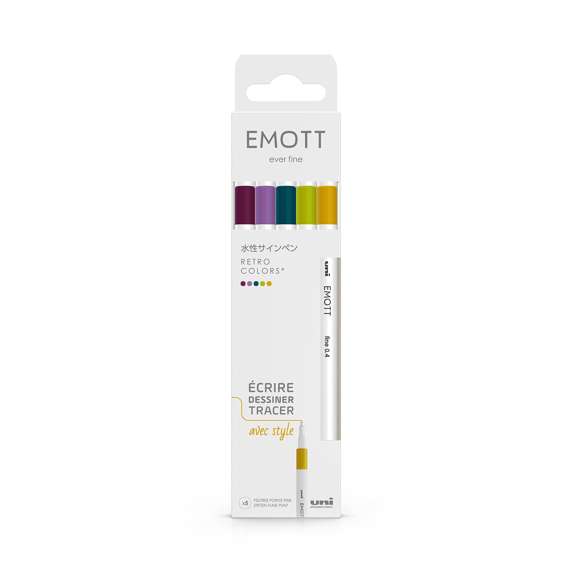uni-ball Emott Uni Mitsubishi Pencil – Pack of 5 Retro Colours – Write, Draw, Trace with Style – Fine Tip 0.4 mm – Blue Green, Orchid, Wine Liny, Straw Yellow, Apple Green