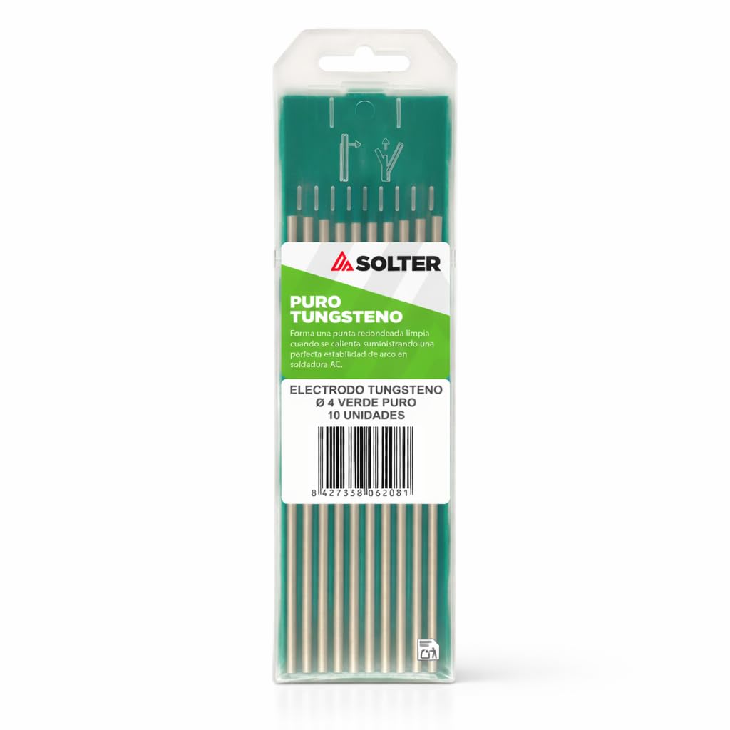 Solter Electrodo tungsteno verde Ø4,0 mm, Tungsteno puro 100%, TIG AC, Para soldadura de aluminio y magnesio, Caja 10 unidades.