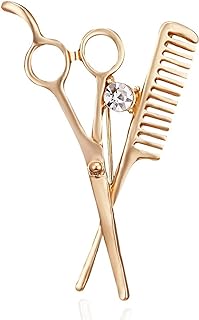 coadipress Crystal Comb Scissors Brooch Pin for Women Men Unique Gold Silver Barber Tools Salon Hairdresser Corsage Collar Pin Gifts Jewelry