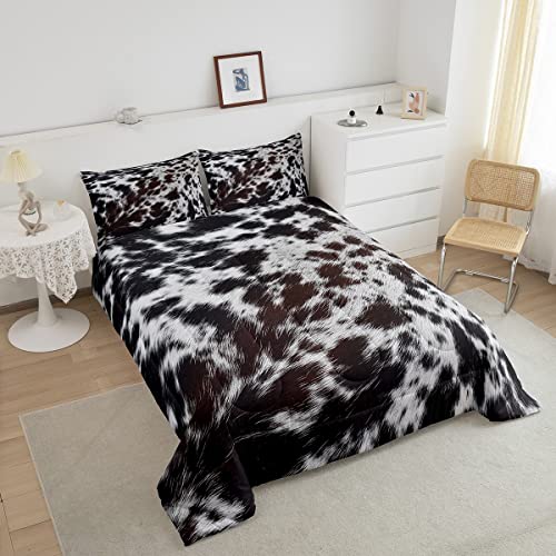 Western Brown Cowhide Comforter Set,Aztec Black White Cow Print Bedding Set Queen Rustic Farm Animal Down Comforter For Kids Boys Girls Men Women,Cowboy Cowhide Quilt Duvet Set Bedroom Decor 3 Pcs #TOP2
