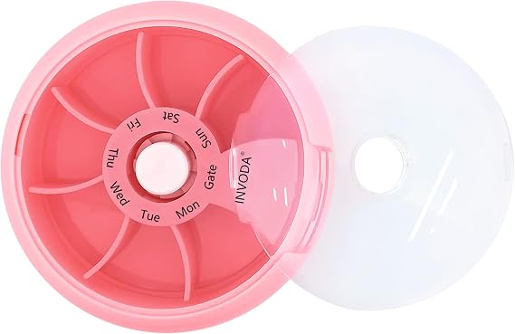 INVODA Weekly Pill Organizer 7 Compartment Rotating Pill Box for Daily Medication & Vitamins - Portable Travel Pill Case Fish Oil Supplements Vitamins Organizer (Pink)