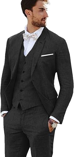 Linen Suits Set Men's 3 Piece Suit Casual Beach Wedding Suits Linen Slim Fit Gro