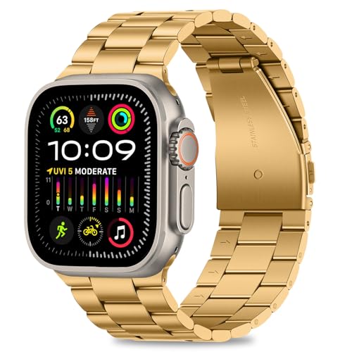 Image of HITZEE Compatible with Apple Watch Ultra Band 49mm Business Stainless Steel Metal Strap Men Women Link Bands Compatible for Apple Watch Ultra 3 /2 /1, 49mm Gold
