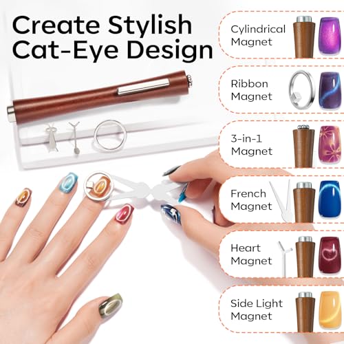 modelones Cat Eye Magnet Set, 7PCS Cat Eye Gel Polish Magnet Tools with 2 Sizes Hollow Circle, 3-in-1 Dual Head Magnet Pen, Heart Ball Magnets for French Flower Moon Halo Nail Art, Home DIY Salon — view 6