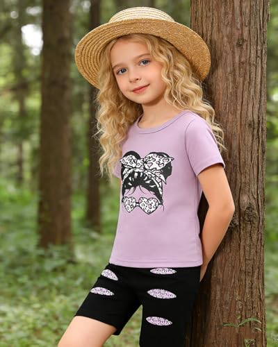 Image of OLMRJKD Kid Toddler Girl Clothes Summer Short Sleeve Figure Graphic Tee Shirt + Shorts Summer Outfits Set