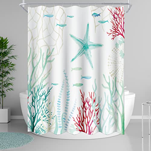Tubeamin Beach Shower Curtain For Bathroom Coastal Shower Curtain Nautical Ocean Themed Starfish Coral Bath Curtains Bathroom Decor Waterproof Fabric With Hooks, 72X72 Inches, Teal/Green #TOP1